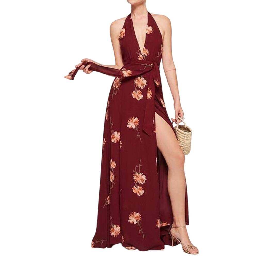 Reformation Waltz Floral Halter Wrap Maxi Dress Burgundy Women’s Size XS
